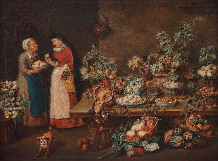 Pieter Angellis Attributed to, Market scenes after Frans Snyders; ”Der Obstmarkt”, ”Der Gemüsemarkt”, ”Der Wildbrethändler”, ”Der Fischmarkt”.