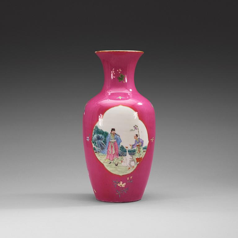 A pink ground famille rose vase, China, 20th Century, with sealmark in red.