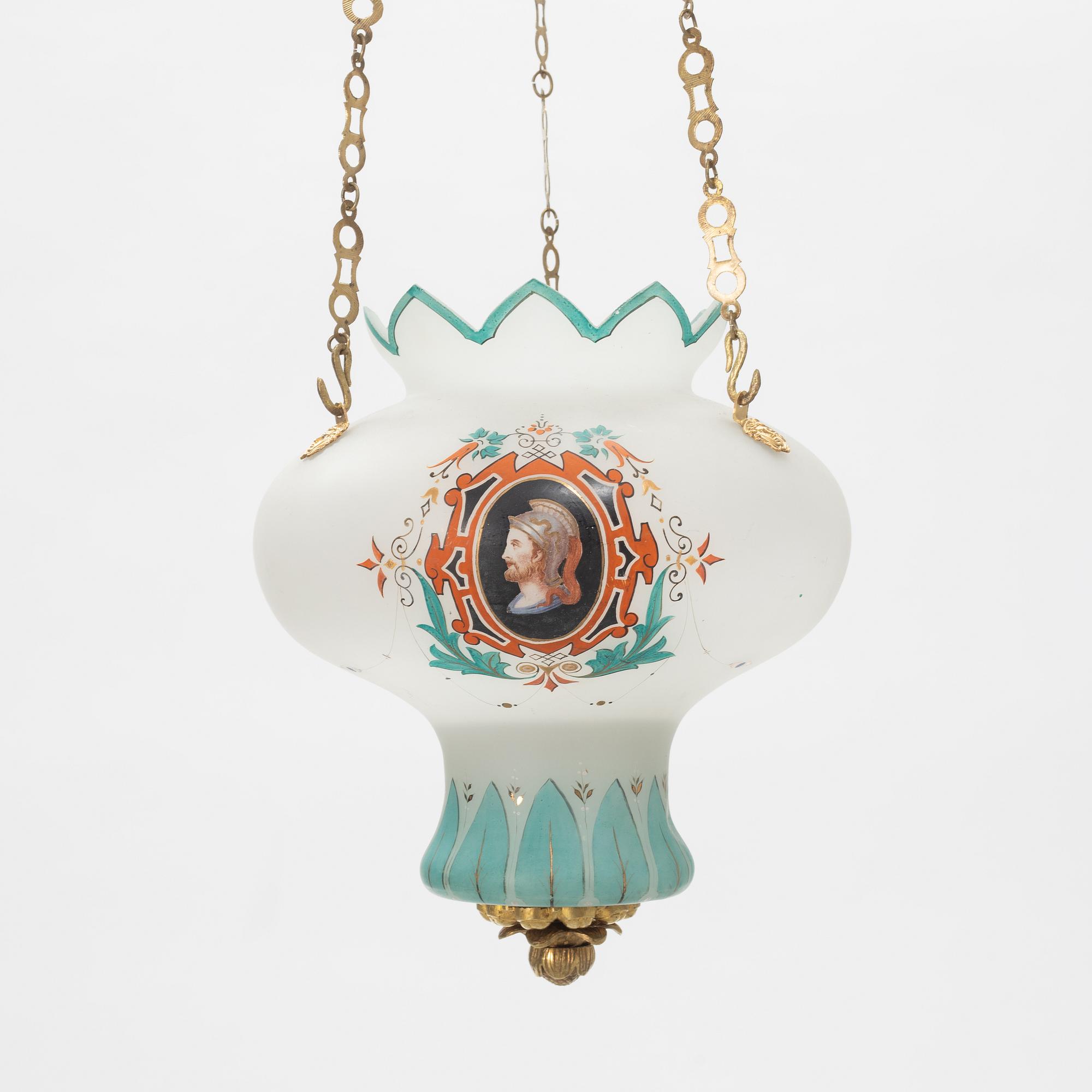 Hanging lamp, painted glass, late Empire, mid-19th century.
