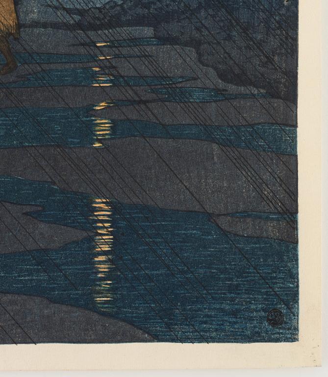 KAWASE HASUI (1883-1957), colour woodblock print. Japan, "Night Rain".