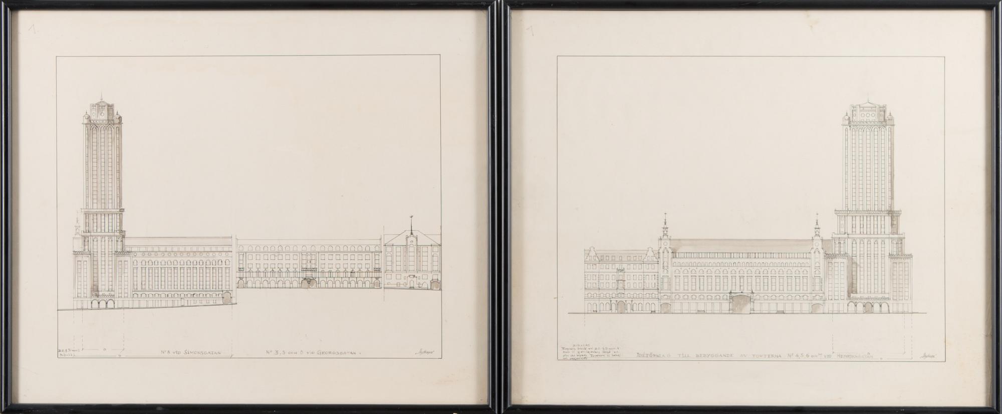 Two architect's drawings of skyscrapers from the 1920s.