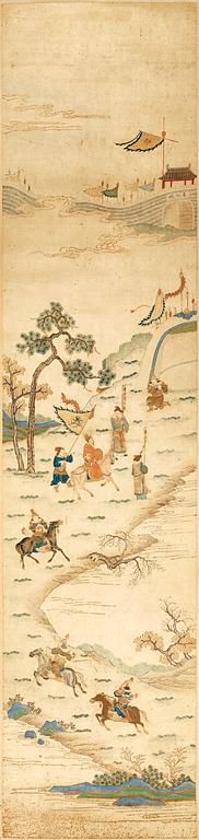 BRODERI OCH BEMÅLNING. Kina 1800-tal. 210 x 48 cm.