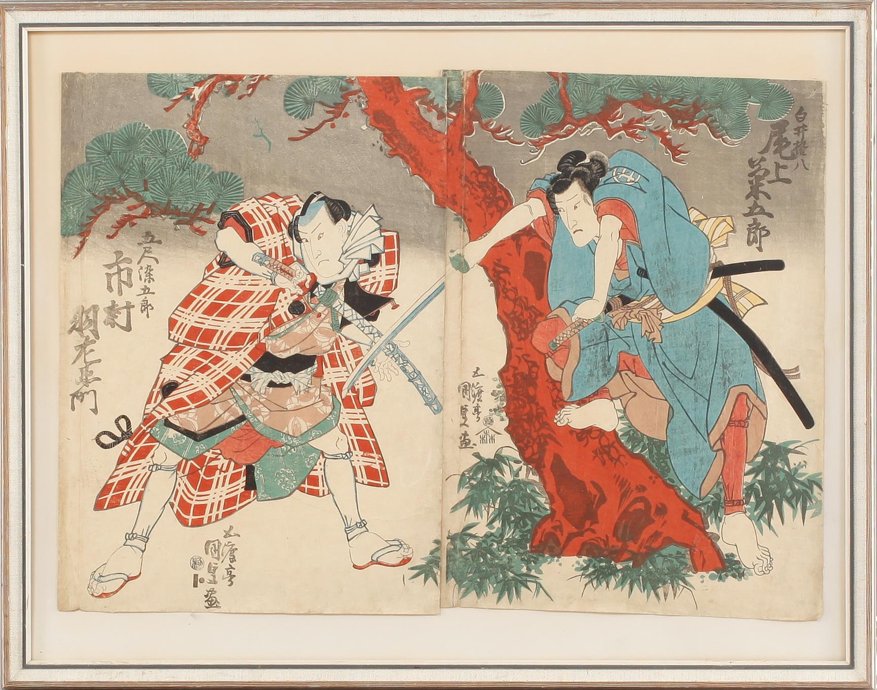 UTAGAWA KUNISADA KOCHORO TOYOKUNI III, träsnitt, 2 st, Japan, 1800-tal.