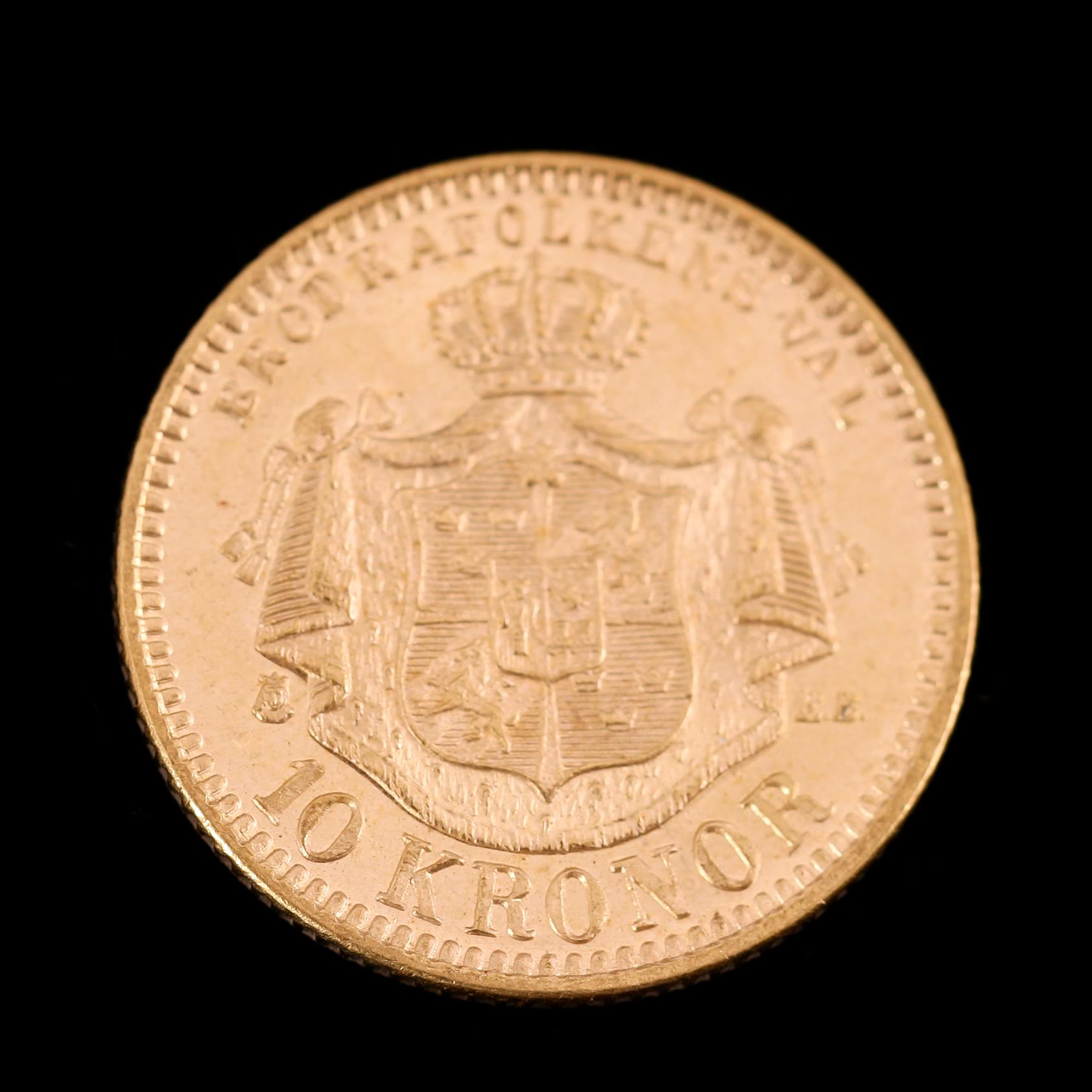 GULDMYNT, 10 kronor, Oscar II, 1894.  Vikt ca 5 gram.