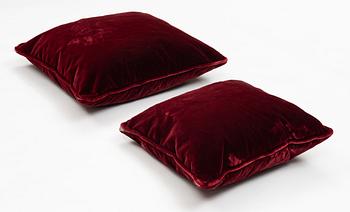 Cushions, two pieces, burgundy silk velvet.