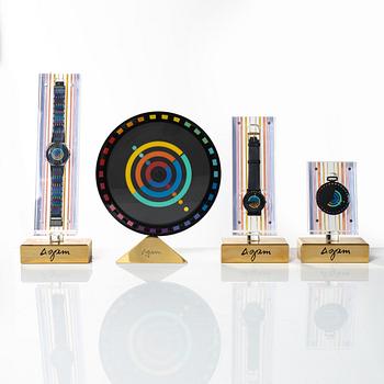 Yaacov Agam, Movado, "Rainbow", Two wrist watches, a table clock and a pocket watch.