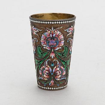 An Imperial Russian shaded cloisonné enamelled, parcel-gilt silver beaker, Saint Petersburg, turn of the 20th century.