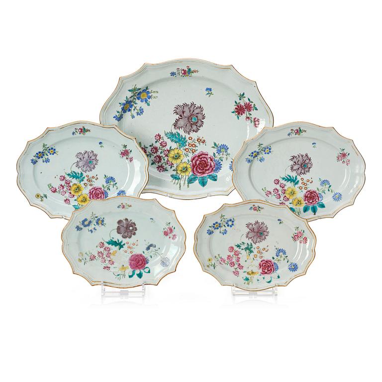 A set of five famille rose serving dishes, Qing dynasty, Qianlong (1736-95).