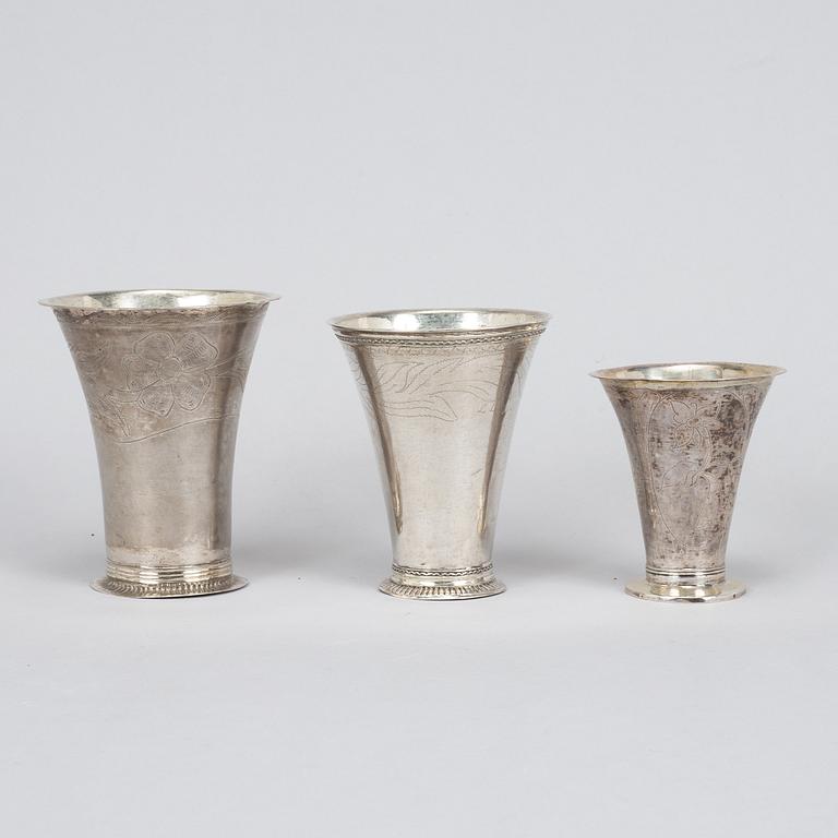 Three swedish silver beakers, including Carl Fahlberg, Uppsala 1765.