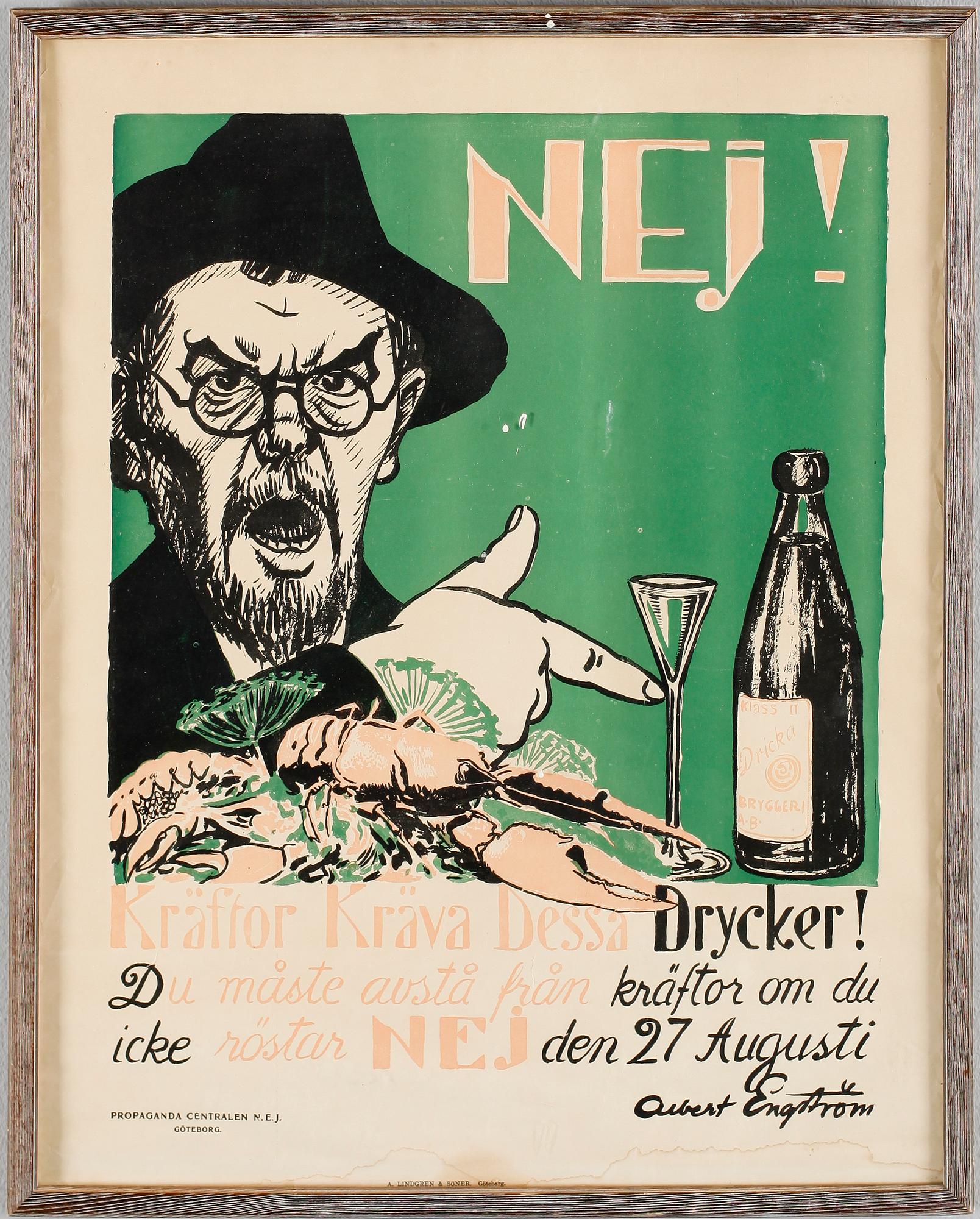 AFFISCH, Albert Engström "Kräftor kräva dessa drycker", 1900-talets första hälft.