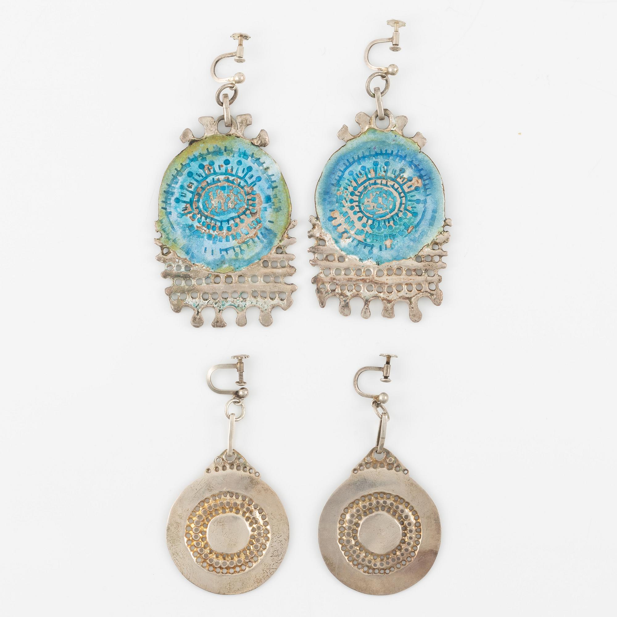 Lars Arby, two pairs of earrings, sterling silver and enamel, Gothenburg 1969 and 1983.
