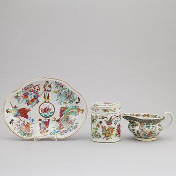 A group of three famille rose dish, jug and jar with cover, Qing dynasty, late 19th century.