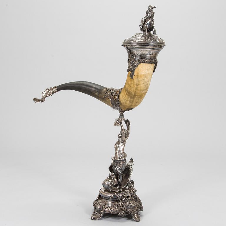 Silver-plated horn decoration, the end of 19th century. Height 93 cm.