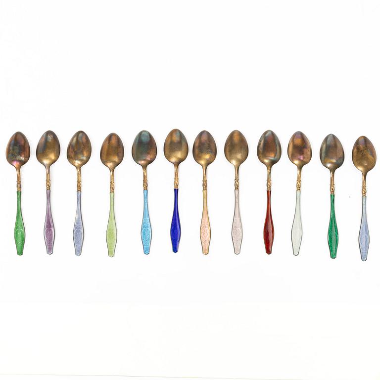 David Andersen, moccaskedar, 12 st, i etui, sterlingsilver och emalj, Norge, 1900-talets början.