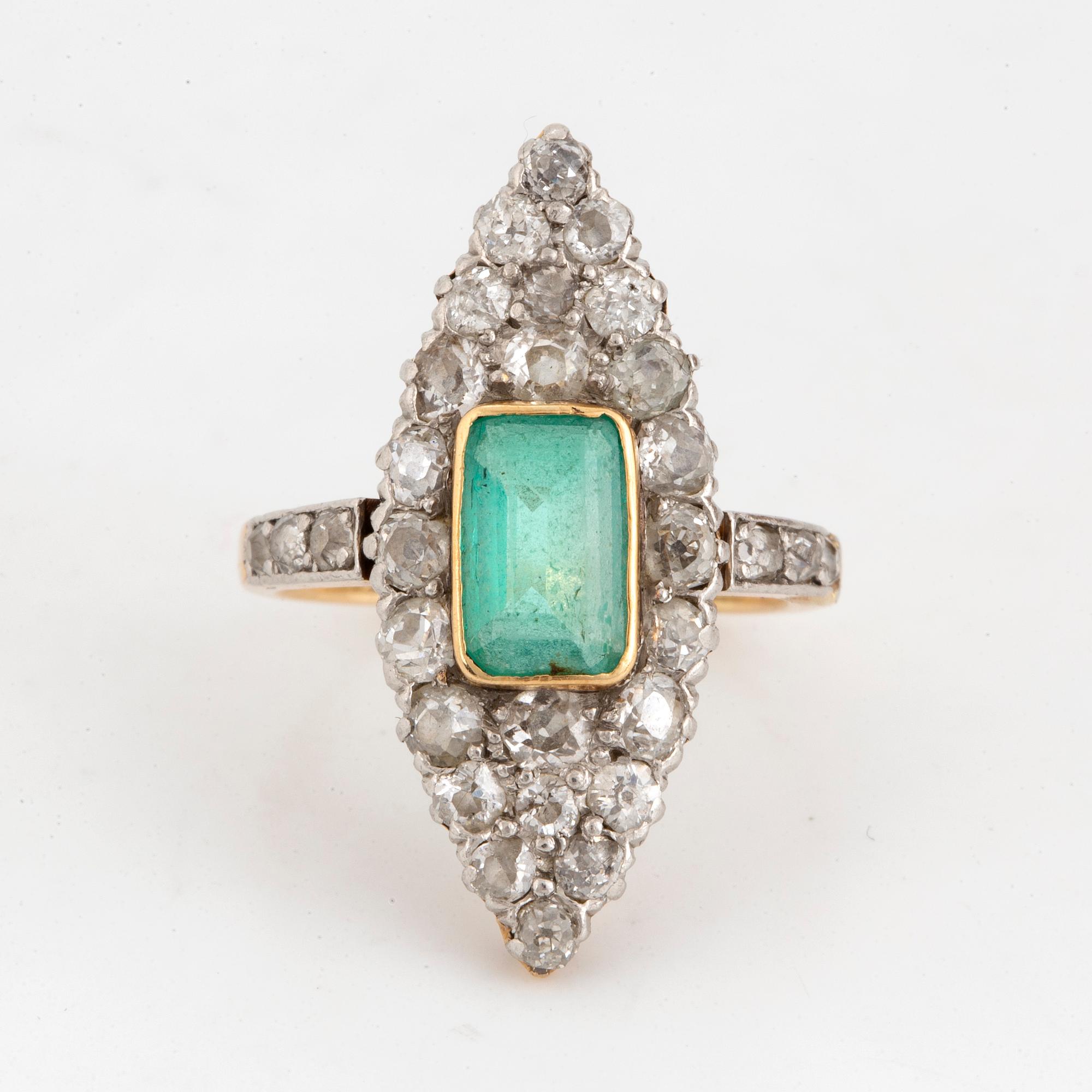 Emerald and old-cut diamond ring.