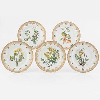 Ten "Flora Danica" porcelain plates, (Hausmålerai), Royal Copenhagen, Denmark.
