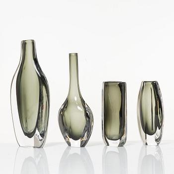 Nils Landberg, a set of four "Sommerso" vases, Orrefors, 1950s-60s.