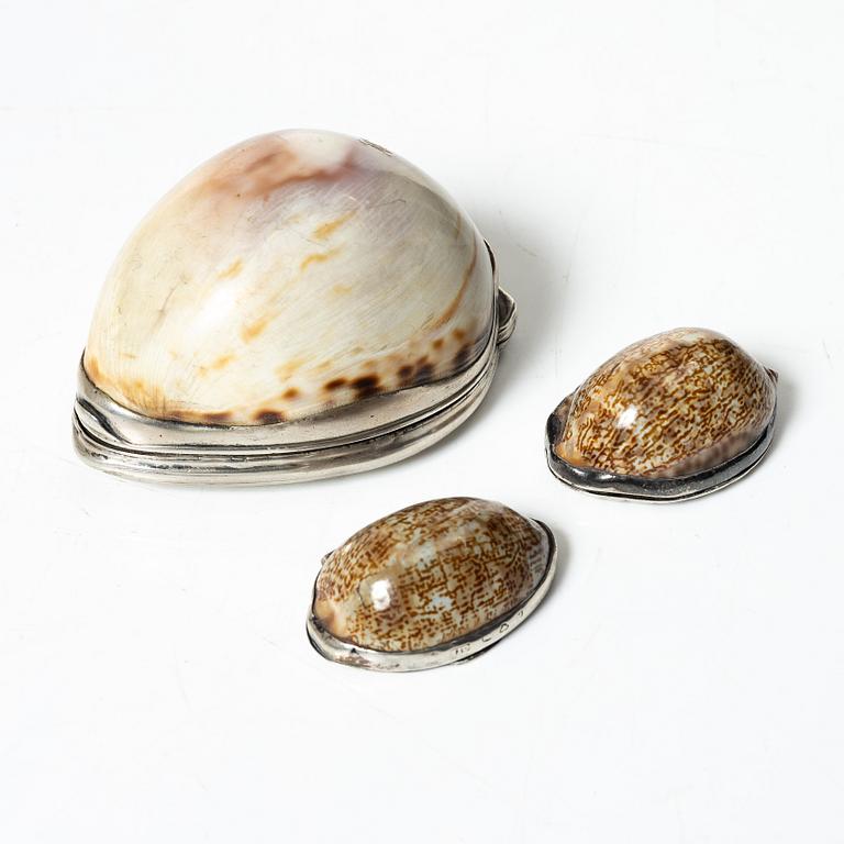 A set of three silver and seashell boxes, Sweden, 19th century.