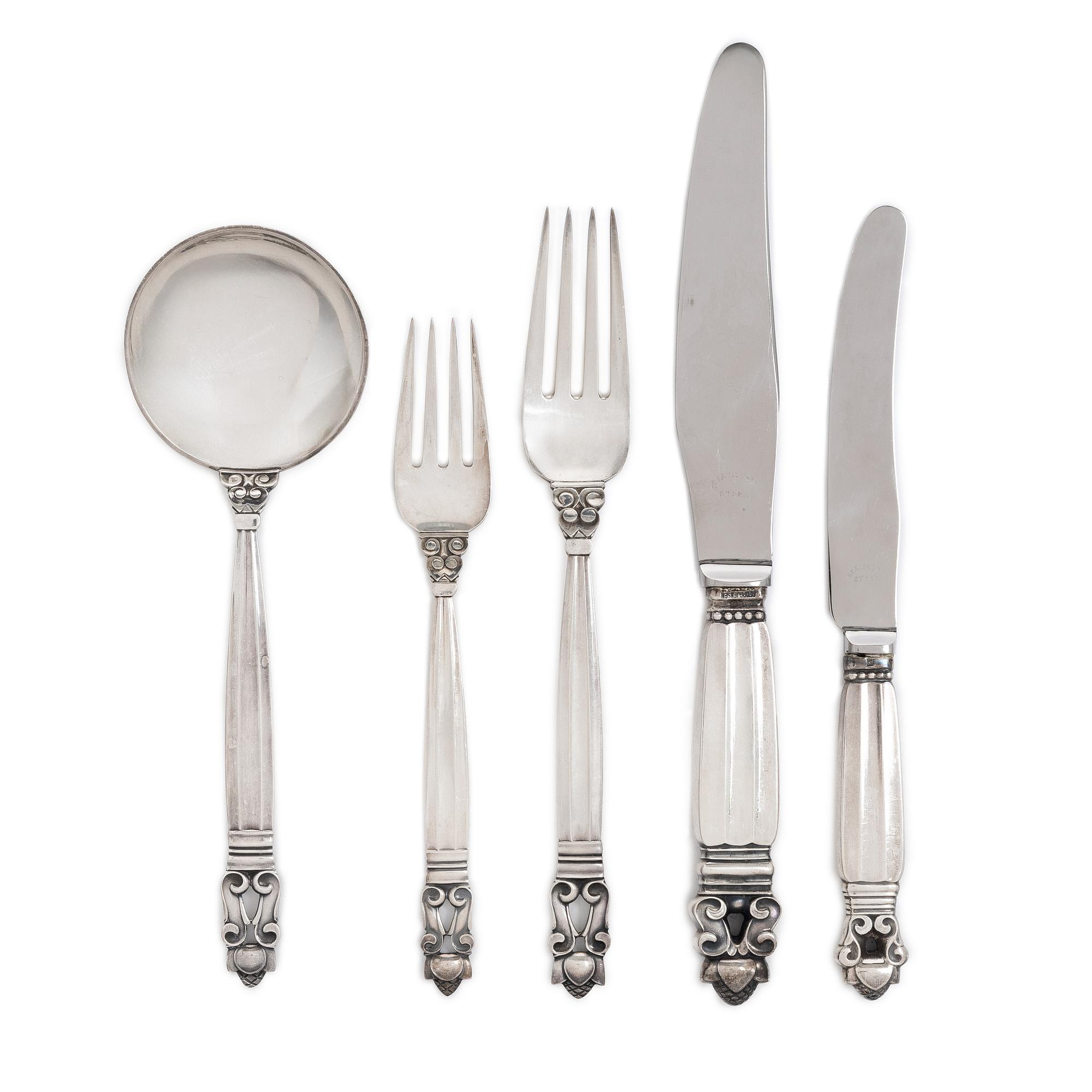Georg Jensen, bestick, 30 delar, sterling silver, modell "Konge/Acorn", design Johan Rohde, Köpenhamn, Danmark, efter 1945.