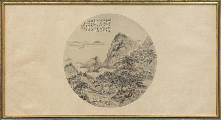 Oidentifierad konstnär, s.k. "Solfjädersmålning", Figurer i bergigt flodlandskap, Kina, sen Qingdynasti/1900-tal.