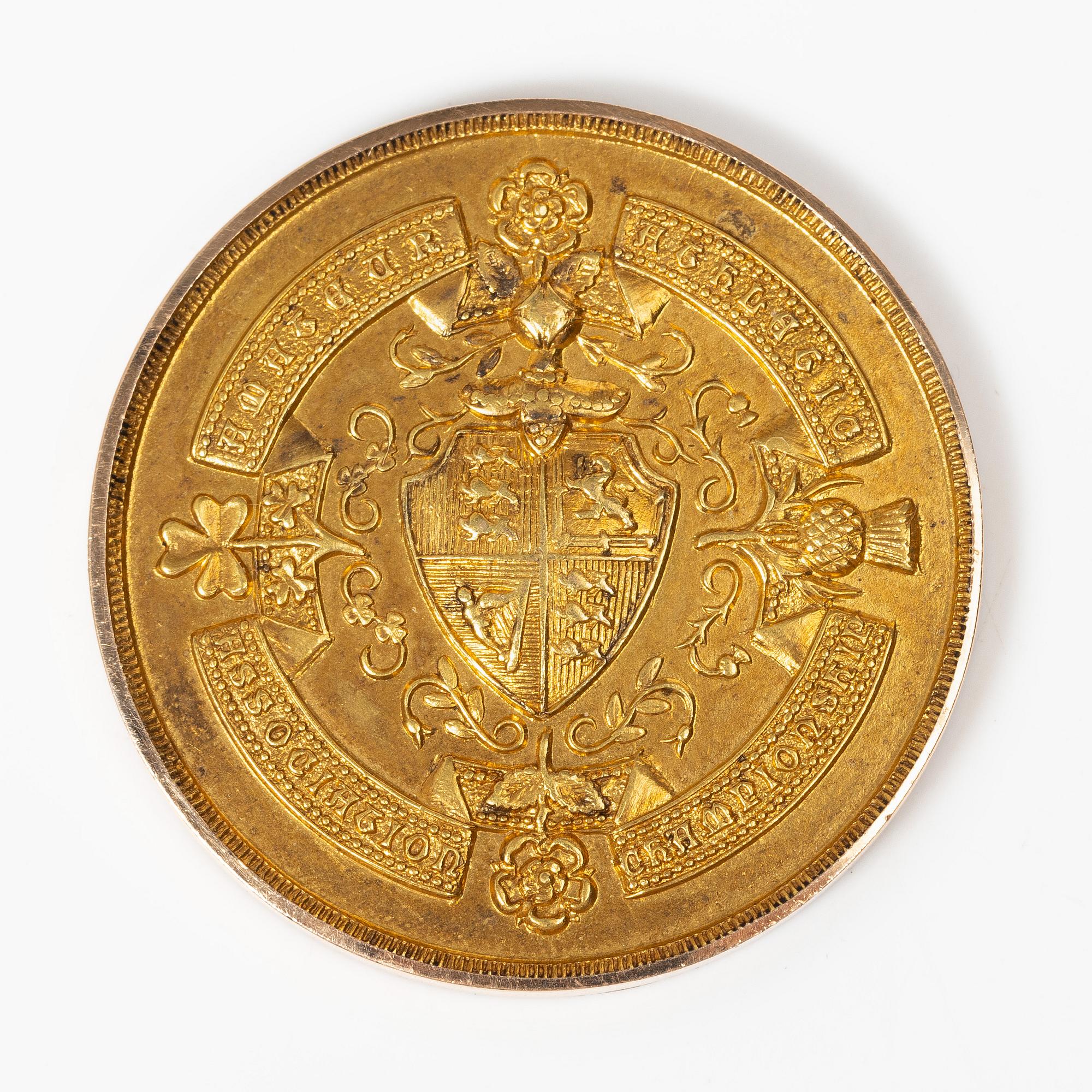Medalj, 15K guld, England, 1921.