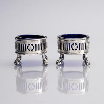 A pair of Swedish silver and glass salt cellars, marks of Arvid Floberg, Stockholm 1785.