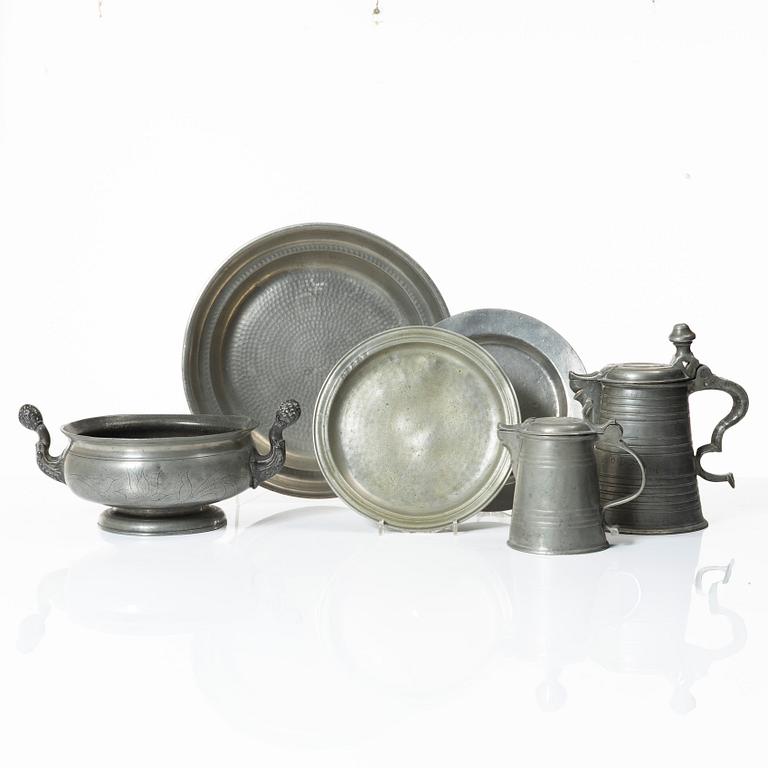 Tin objects, six pieces, Sweden, 18th-19th century.