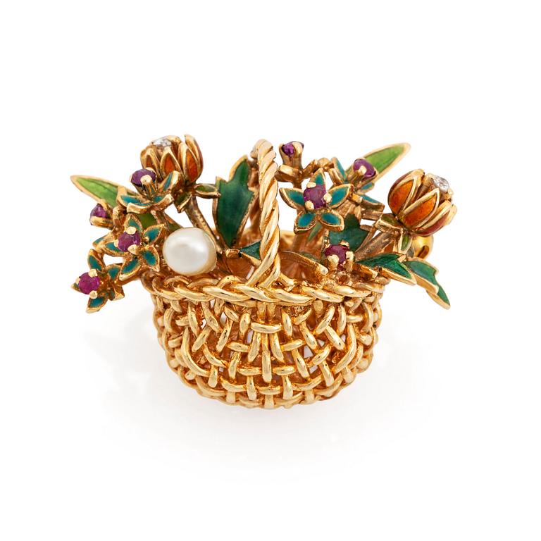 A WA Bolin basket brooch 18K gold and enamel, design Barbro Littmarck.