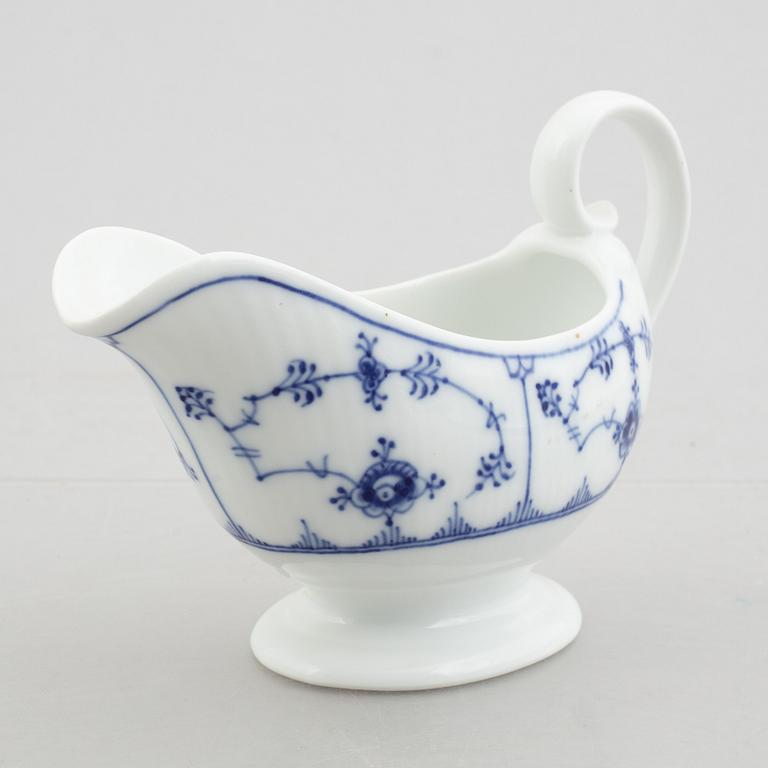 Three salt and pepper shakers, a sauce boat and a sauce tureen, "Blue Fluted"/"Musselmalet", Royal Copenhagen.