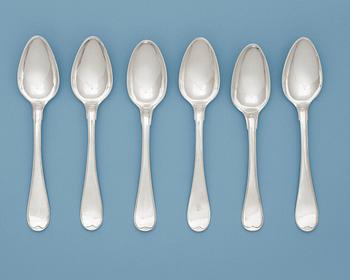 1026. A Swedish 18th century silver set of six table-spoons, makers mark of Pehr Zethelius, Stockholm 1792-1797.