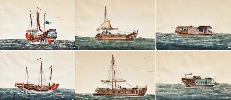 MÅLNINGAR, sex stycken, tusch och akvarell på rispapper. Kina, Qingdynastin, 1800-tal. "Djonker".