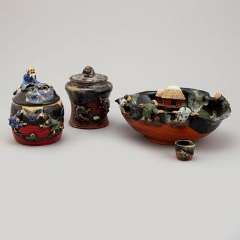 Two pottery jars with covers, a bowl and cup, Japan, Sumida Gawa, Meiji (1868-1912).