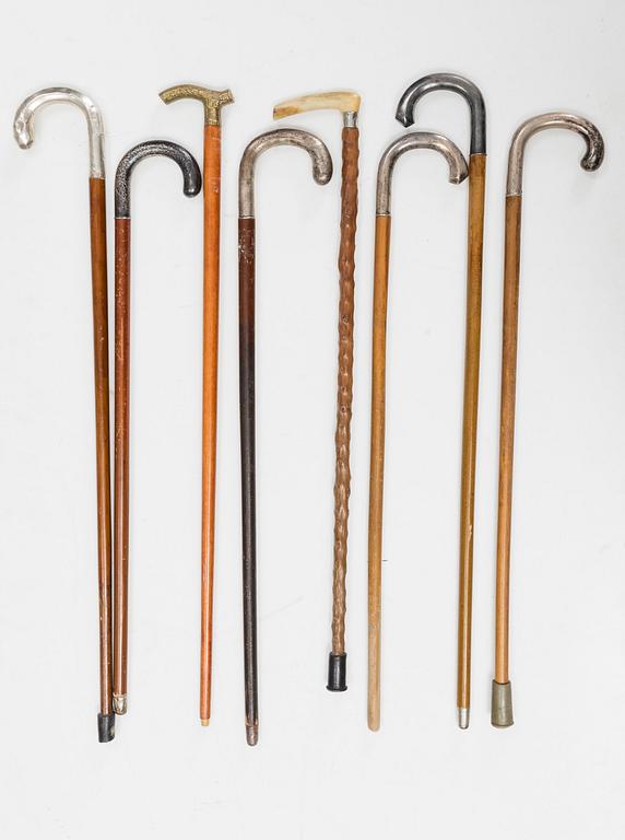 A set of eight canes, frist half of the 20th Century. (6 of them with silver details).