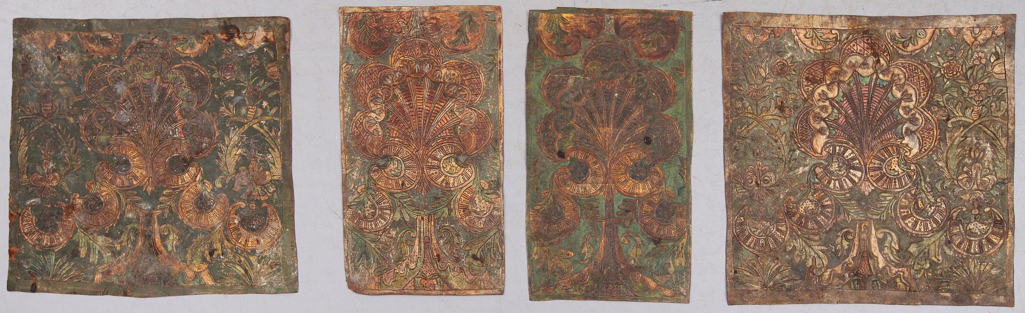 GYLLENLÄDERFRAGMENT, 4 delar, 1700-/1800-tal.