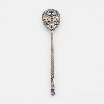 A Russian silver and enamel spoon, Moscow 1908-26.