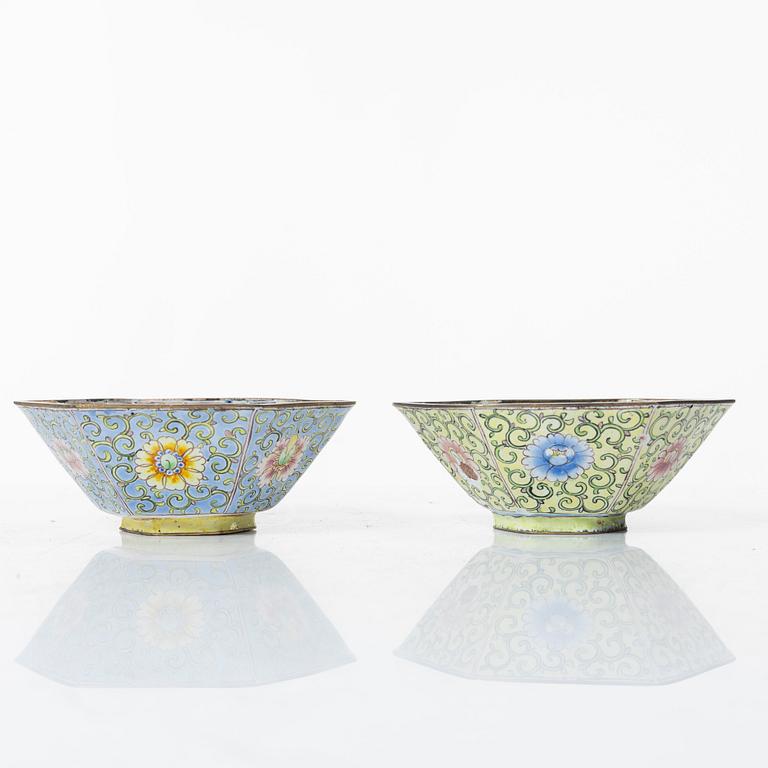 A set of six Chinese enamel on copper bowls and a dish, Qing dynasty and 20th century.