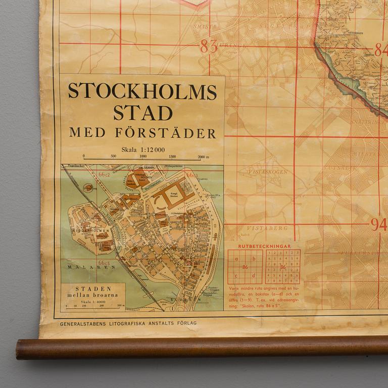 SKOLKARTA, "Stockholms stad med förstäder", A-B Kartografiska Institutet, 1942.
