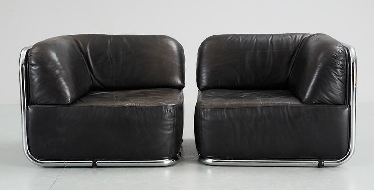 A pair of Geoffrey Harcourt chromed steel and black leather easy chairs, Artifort, Holland 1970's.