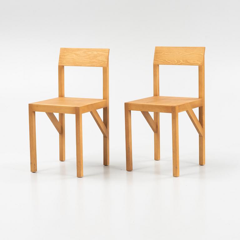 A set of eight signed stained pine 'Bracket Chairs' by Frederik Gustav for Frama, Copenhagen 2023.