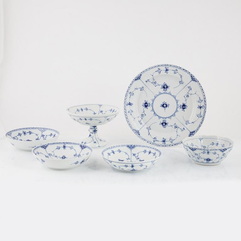 Service parts, platters and bowls, 6 pcs "Musselmalet", half lace and fluted, Royal Copenhagen, Denmark.