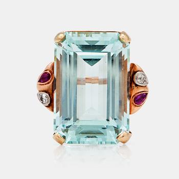 An circa 36.00 ct aquamarine, ruby and diamond ring.