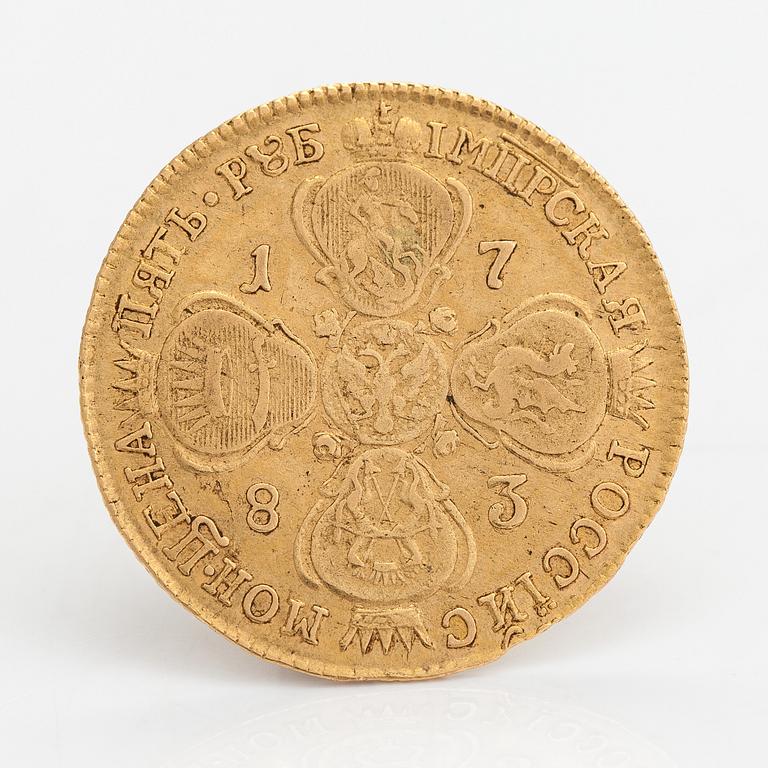 A Catherine II gold coin, 5 Rubles, Russia 1783.