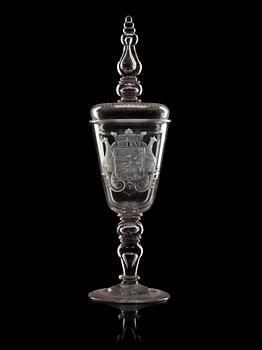 A large Swedish armorial goblet with cover, Kungsholms glassmanufactory, 18th Century.