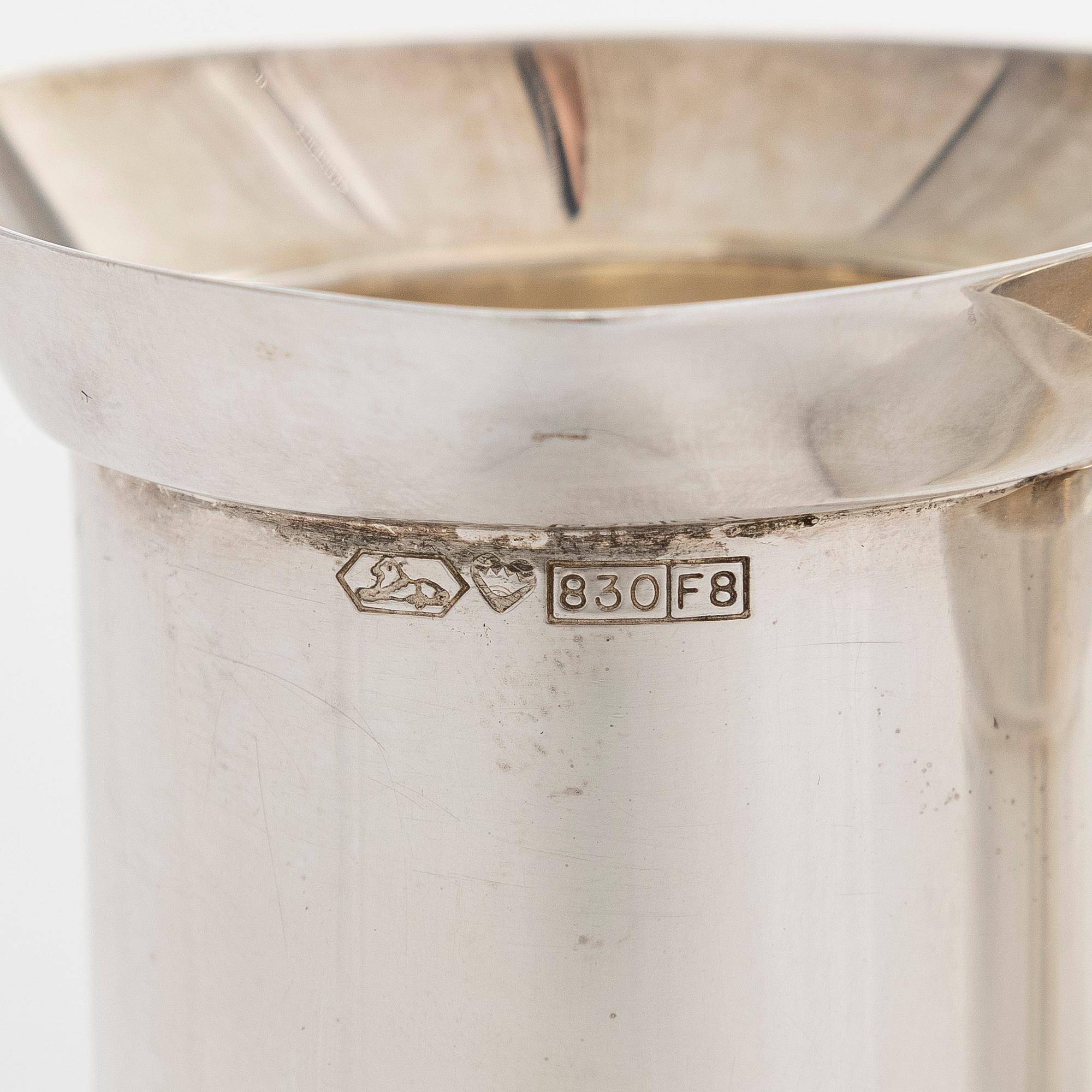 Three spirit measuring cups, silver 830, in a wooden box, Kultakeskus, Finland 1983.