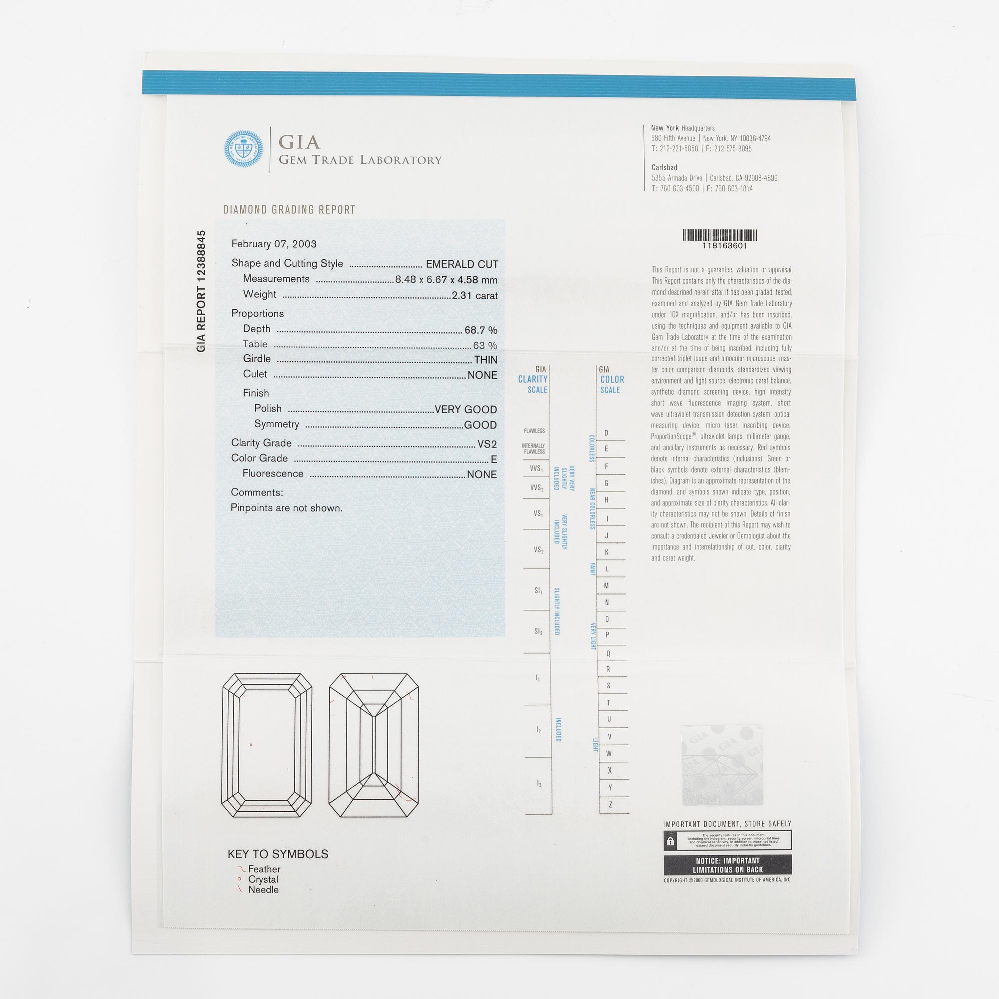A platinum ring with an emerald-cut diamond 2.31 ct.