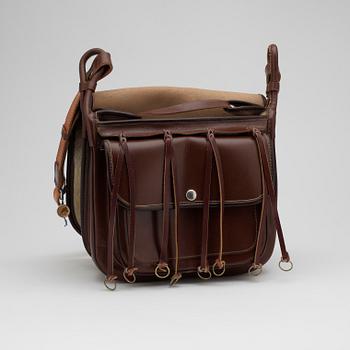 HUNTING BAG, brown leather and seal fur, 1960's.