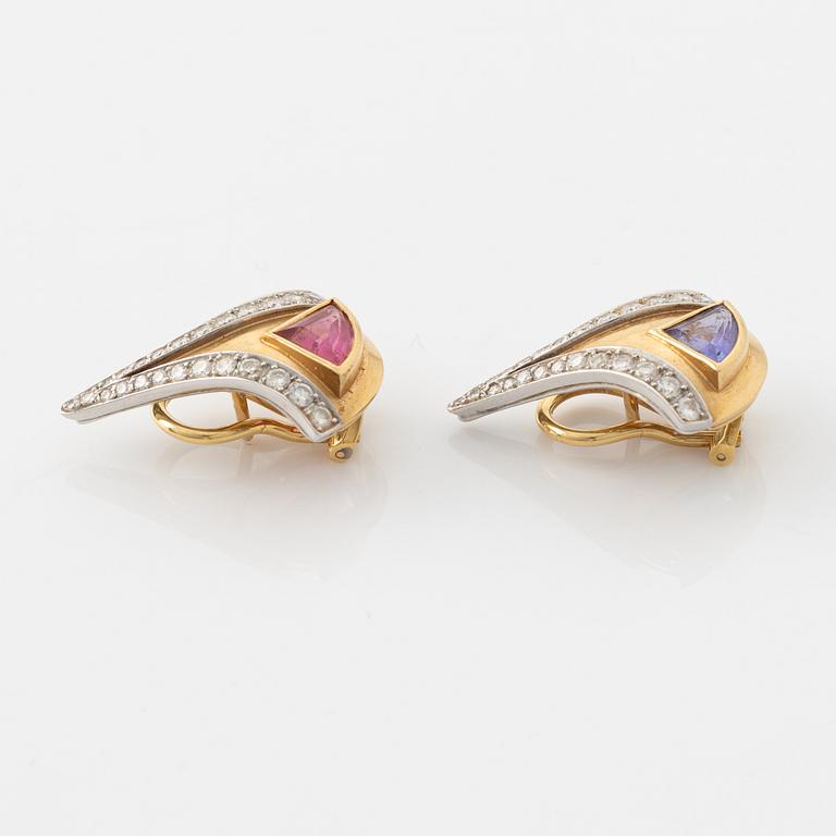 A pair of W.A Bolin earrings, gold and, tourmaline, tanzanite and brilliant cut diamonds.