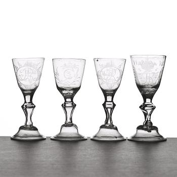 A set of four wine glasses, 18th Century.