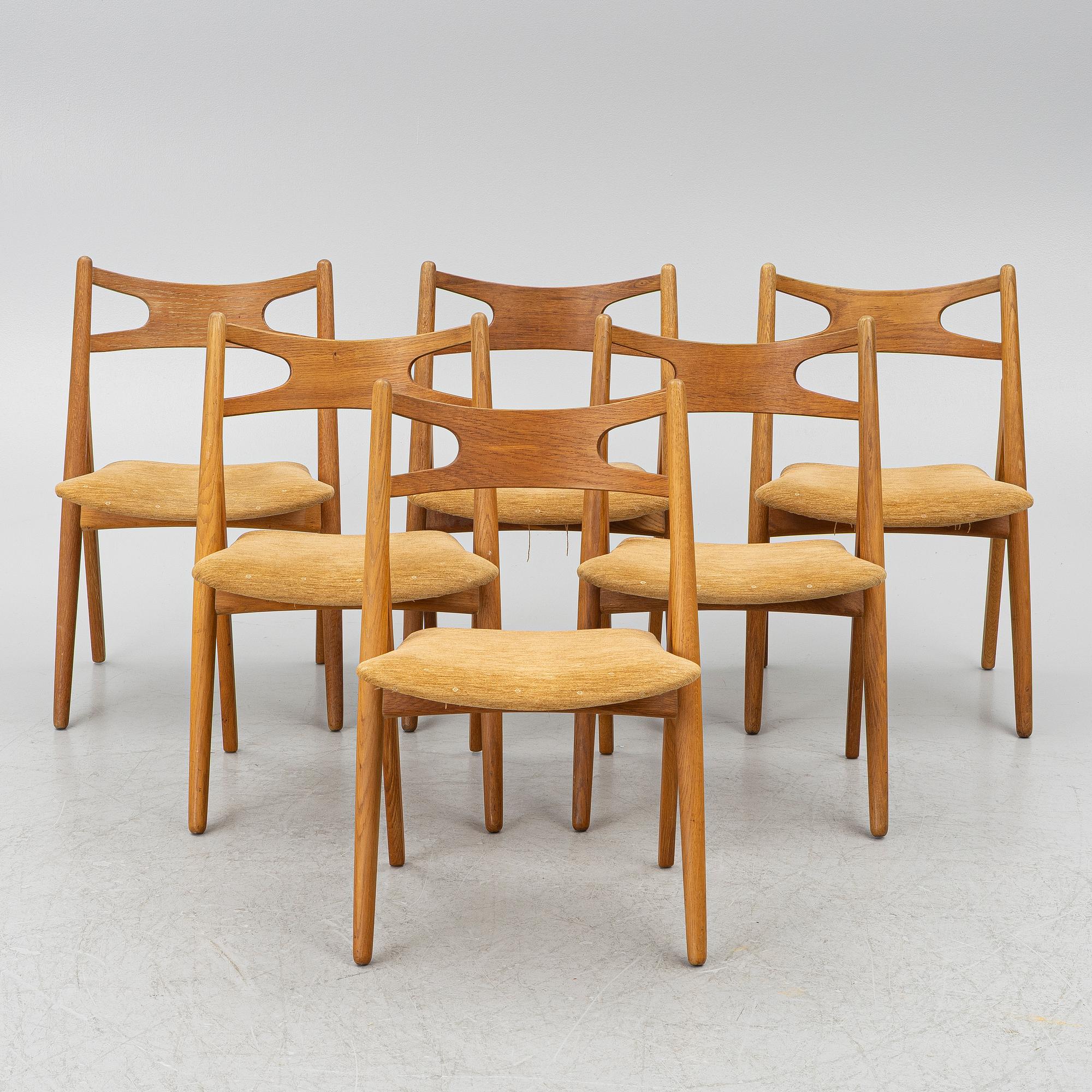 Hans J. Wegner, Stolar, 6 stycken "CH 29", "Savbukkestolen", Carl Hansen & söner, 1900-talets mitt.