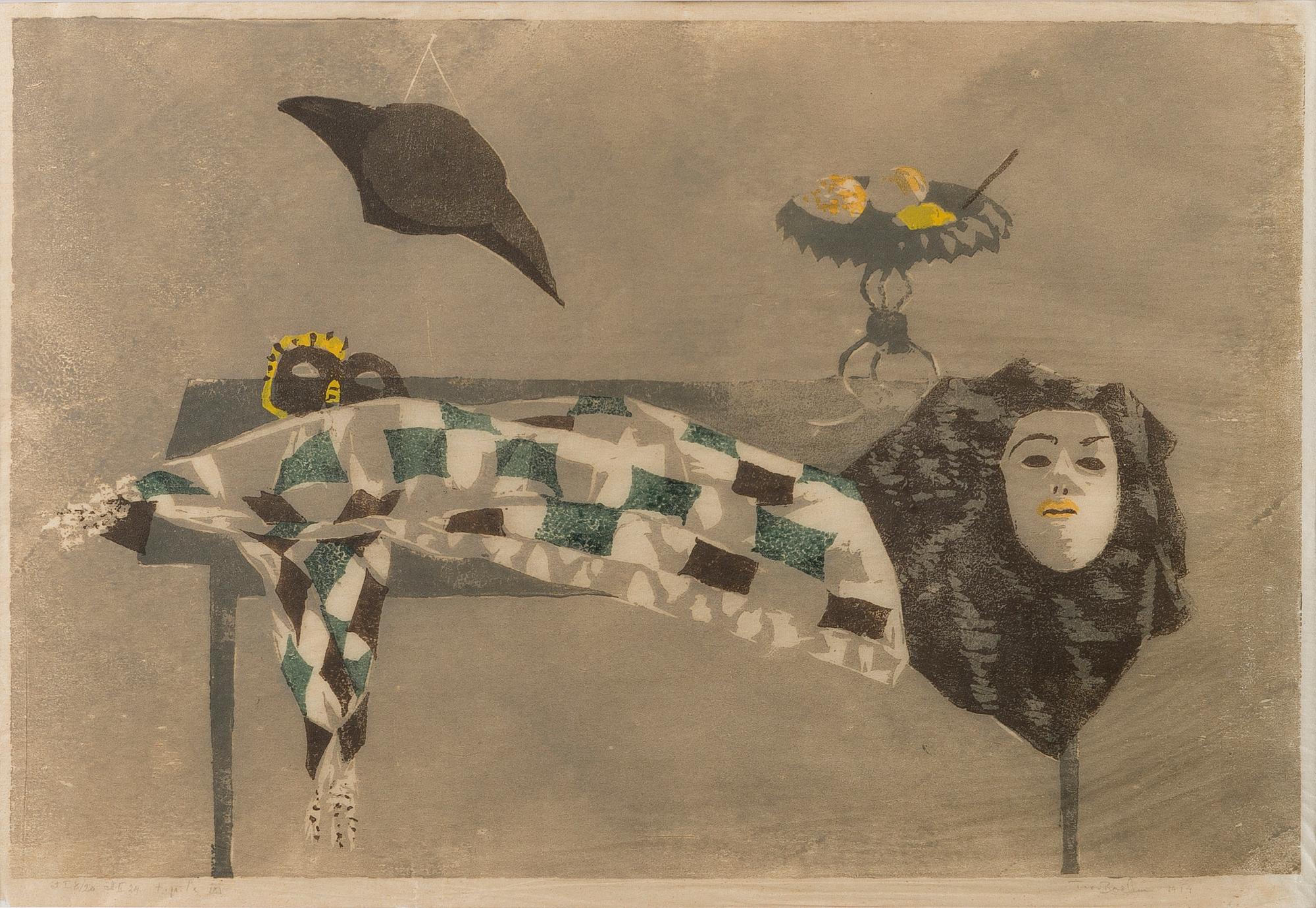 TUOMAS VON BOEHM, puupiirros, signeerattu, päivätty 1954 ja numeroitu.